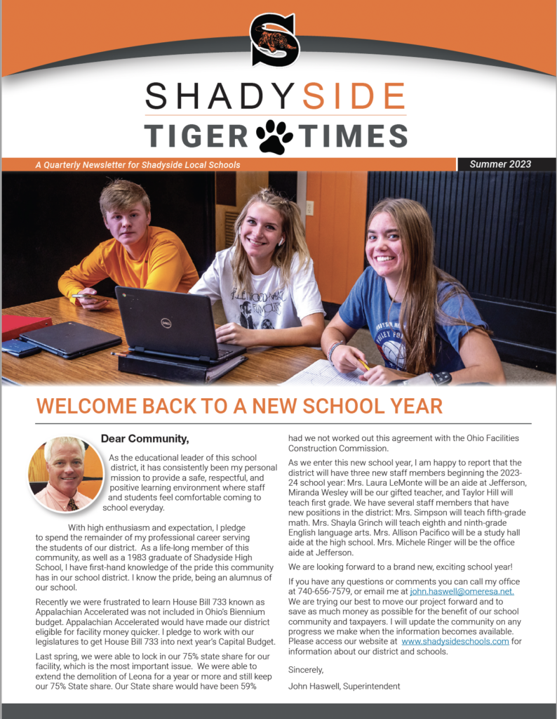 Photo of the front cover of the Shadyside Tiger Times.