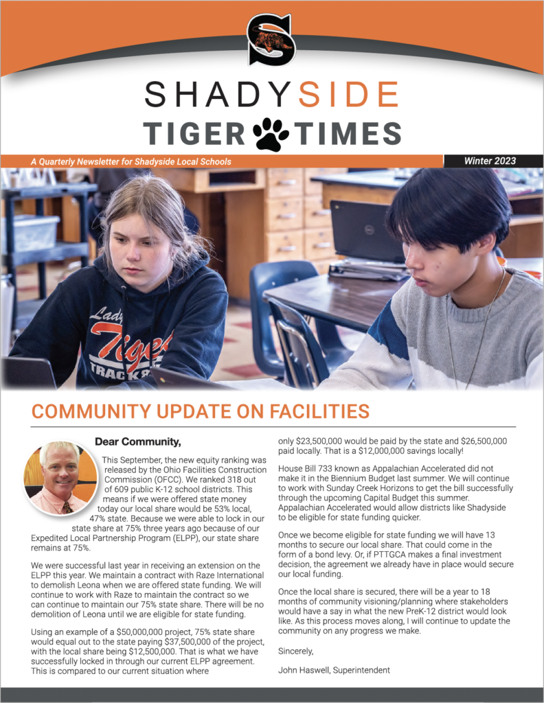 Photo of the front cover of the Shadyside Tiger Times.